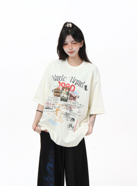 MAX  ME复古做旧1980印花短袖T恤女宽松街头情侣设计上衣潮