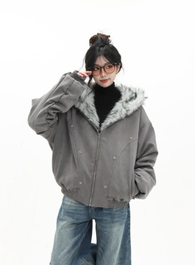 MAX ME美式复古十字架冬季保暖毛领座山雕连帽棉衣外套情侣潮牌