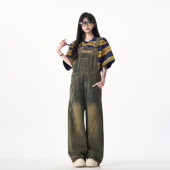 男女设计感直筒宽松休闲拖地裤 复古做旧牛仔背带裤 ME美式 MAX