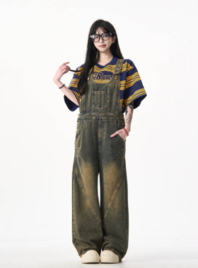 MAX ME美式复古做旧牛仔背带裤男女设计感直筒宽松休闲拖地裤