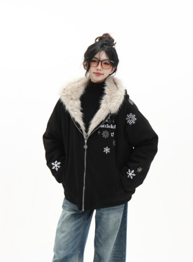 MAX ME美式复古雪花刺绣毛领连帽座山雕棉服情侣宽松棉衣外套潮