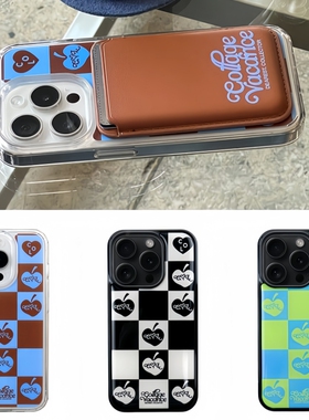 collagevacance韩国代购正品【美式复古撞色格纹】黑边滴胶壳适用于苹果16Promax创意iPhone15Pro个性14/13