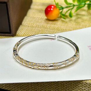 抖音直播白铜镀银描金小清新樱花手镯实心开口可调节民国风女镯子