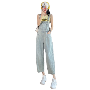 牛仔背带哈伦裤女春夏季薄款小个子显瘦减龄学院风吊带萝卜连体裤