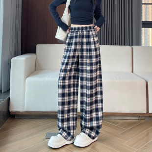 女春秋季 宽松休闲直筒裤 2025新款 韩版 显瘦百搭时尚 高腰格子阔腿裤
