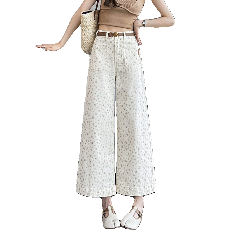 高腰碎花牛仔裤女春夏季2025年新款小个子宽松显瘦九分直筒阔腿裤