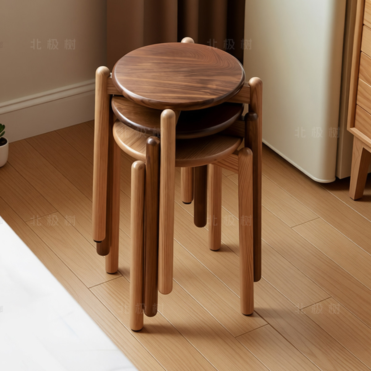 北极树实木圆凳堆叠凳卧室化妆凳餐厅可叠放凳子餐凳客厅矮凳板凳