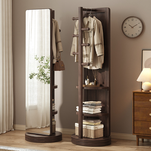 北极树实木全身镜旋转穿衣镜落地镜家用卧室可移动镜子挂衣架一体