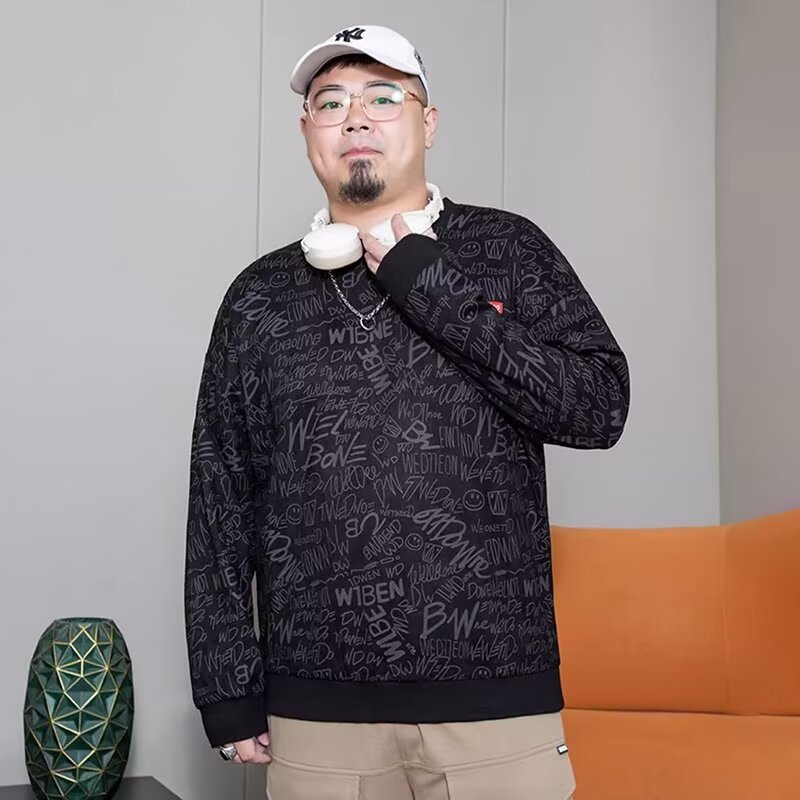 PANG哥 潮牌大码男装2025秋胖子宽松印花圆领卫衣加肥加大套头