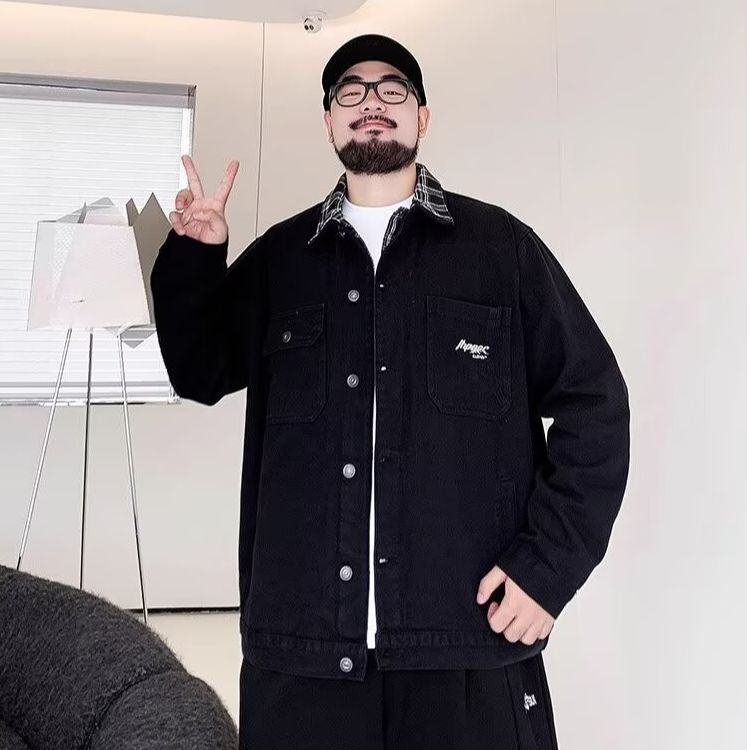 PANG哥 潮牌大码男装秋胖子水洗立领2025牛仔外套男上衣加肥加大