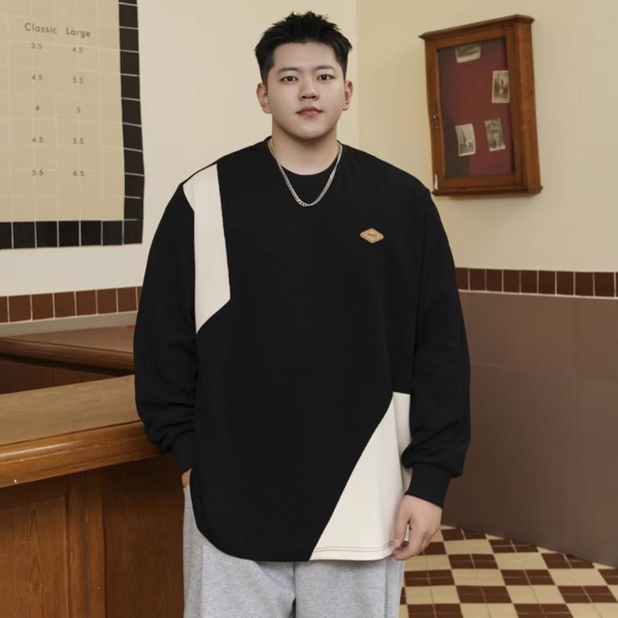 PANG哥 潮牌大码男装胖子暖皮恒温撞色圆领卫衣男宽松加肥加大