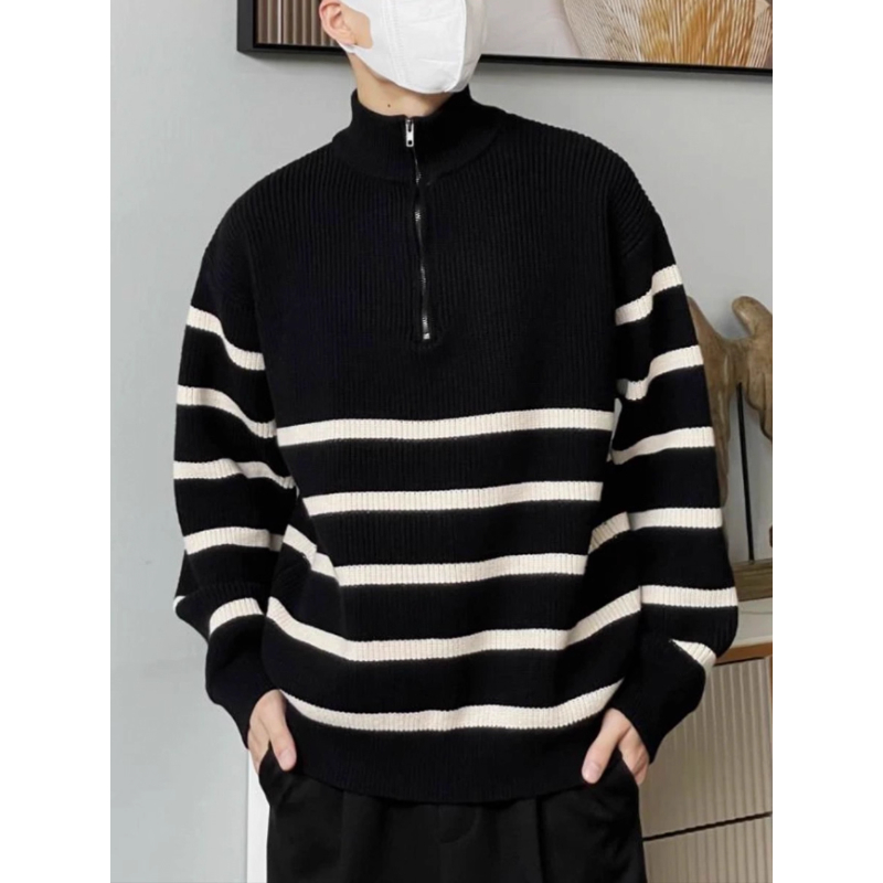 条纹立领宽松大码加大针织上衣