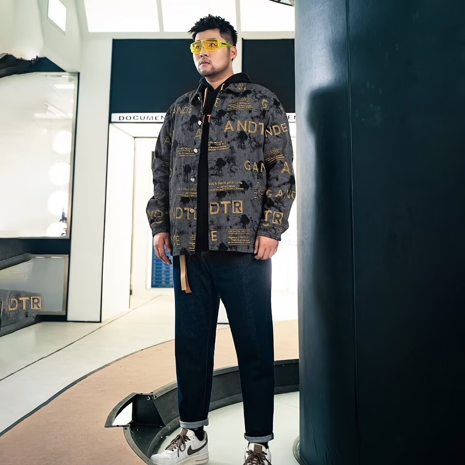 PANG哥 潮牌大码字母男装2025春胖子宽松长袖衬衫男加肥加大衬衣