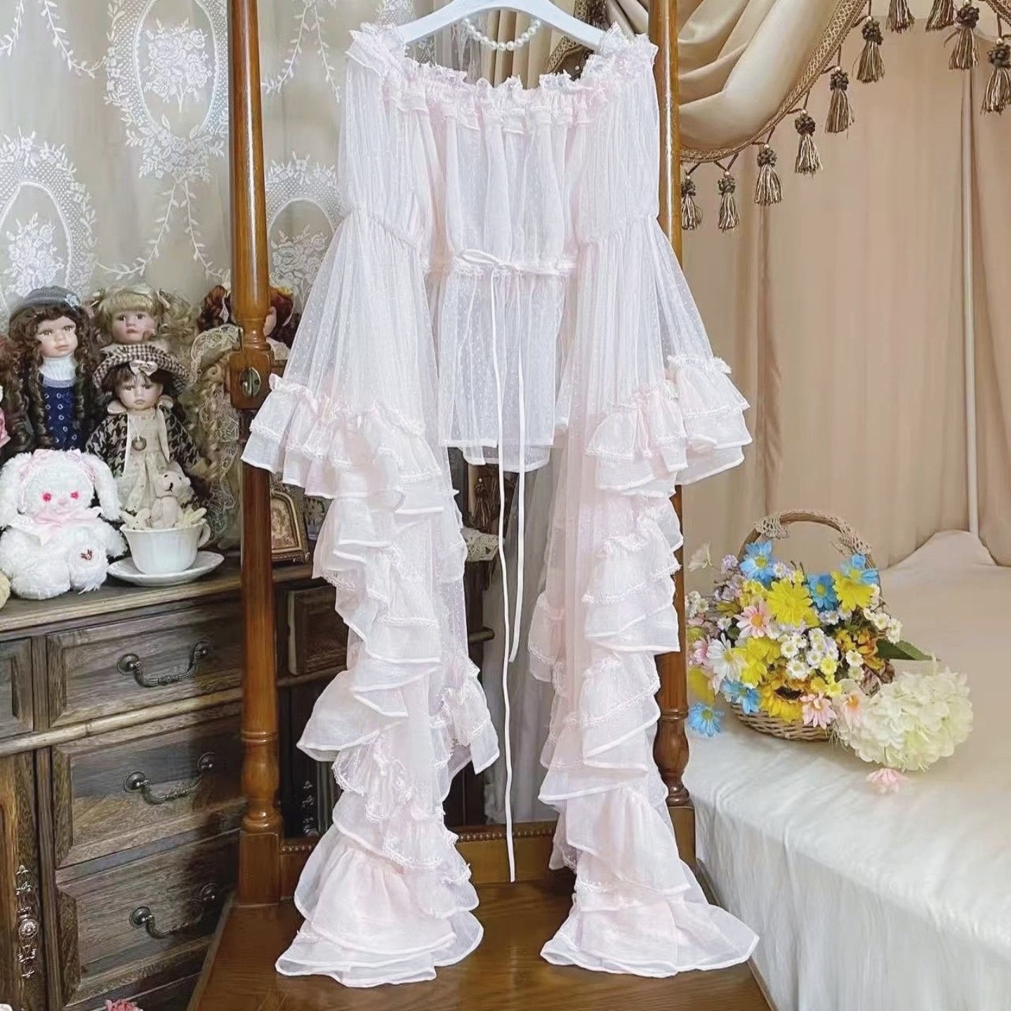 Lolita衬衫内搭蝶羽姬袖上衣透明网纱点纱一字肩大码百搭打底现货