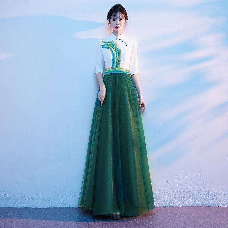 大合唱团演出服女绿色长裙新款成人舞台表演服装朗诵比赛指挥礼服