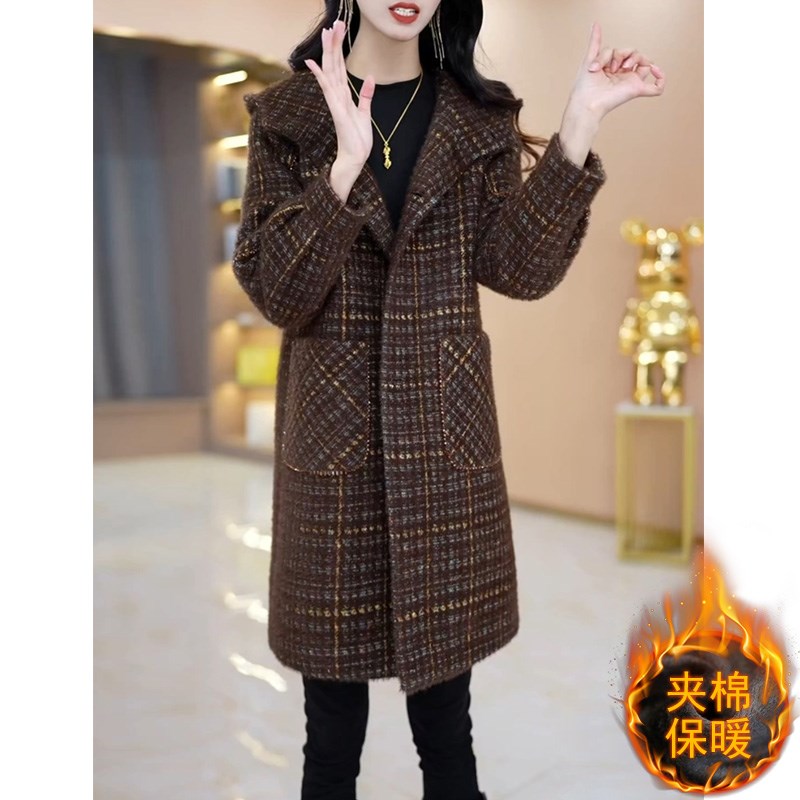 好货秋冬高端连帽毛呢外套女2025新款冬季妈妈修身夹棉中长款呢子