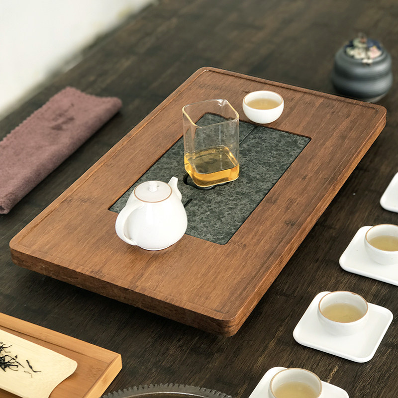 好货日式干泡台重竹抽屉式储水式乌金石茶盘竹制长方形家用排水简