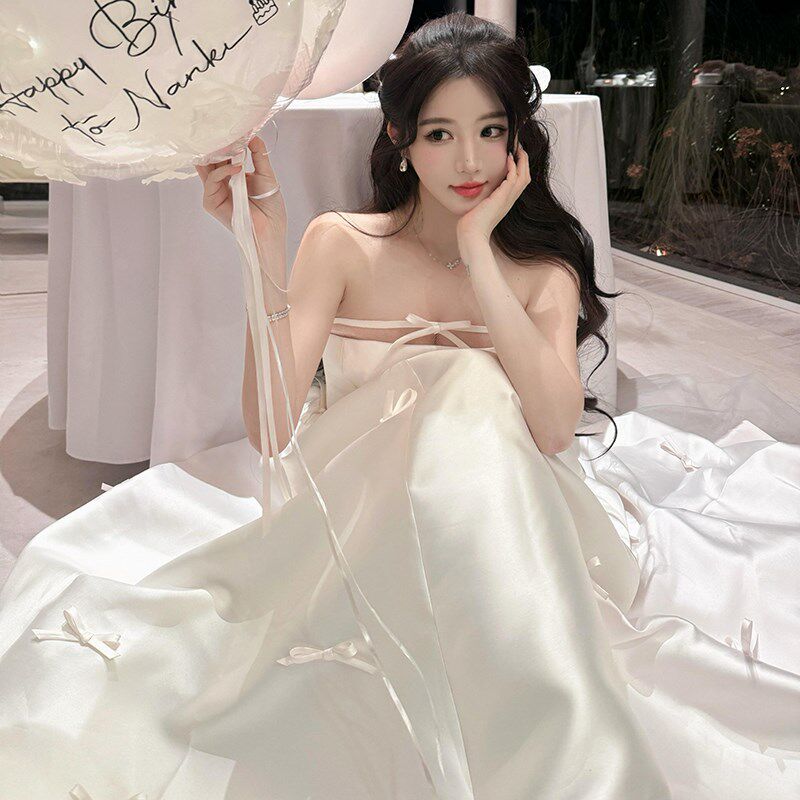 蝴蝶结抹胸晚礼服女高端轻奢小众轻婚纱缎面生日成人礼宴会公主裙