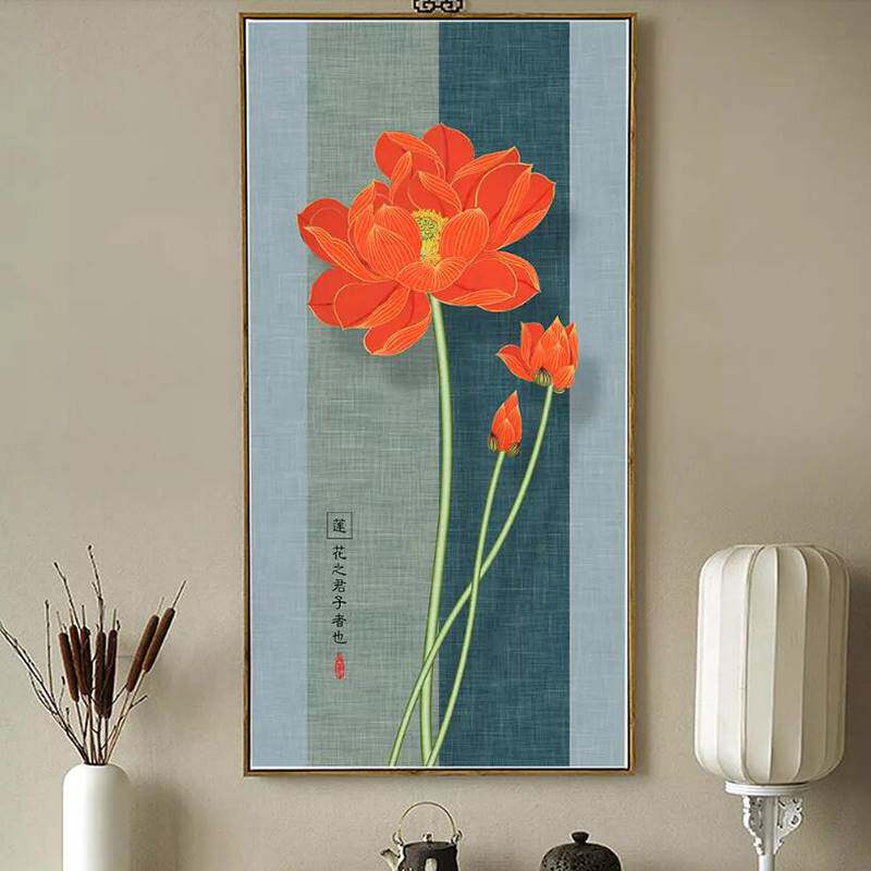 极速新中式禅意莲花客厅玄关装饰画荷花莲蓬水墨国画过道卧室实木