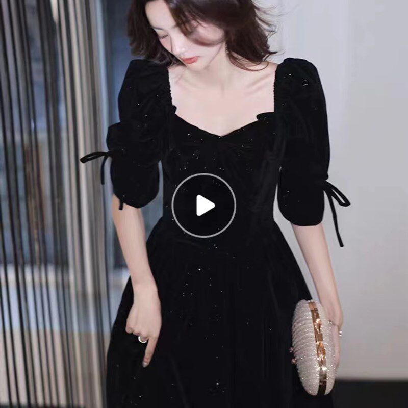 黑色晚礼服宴会气质高端轻奢小众法式成人礼女主持人合唱演出服裙