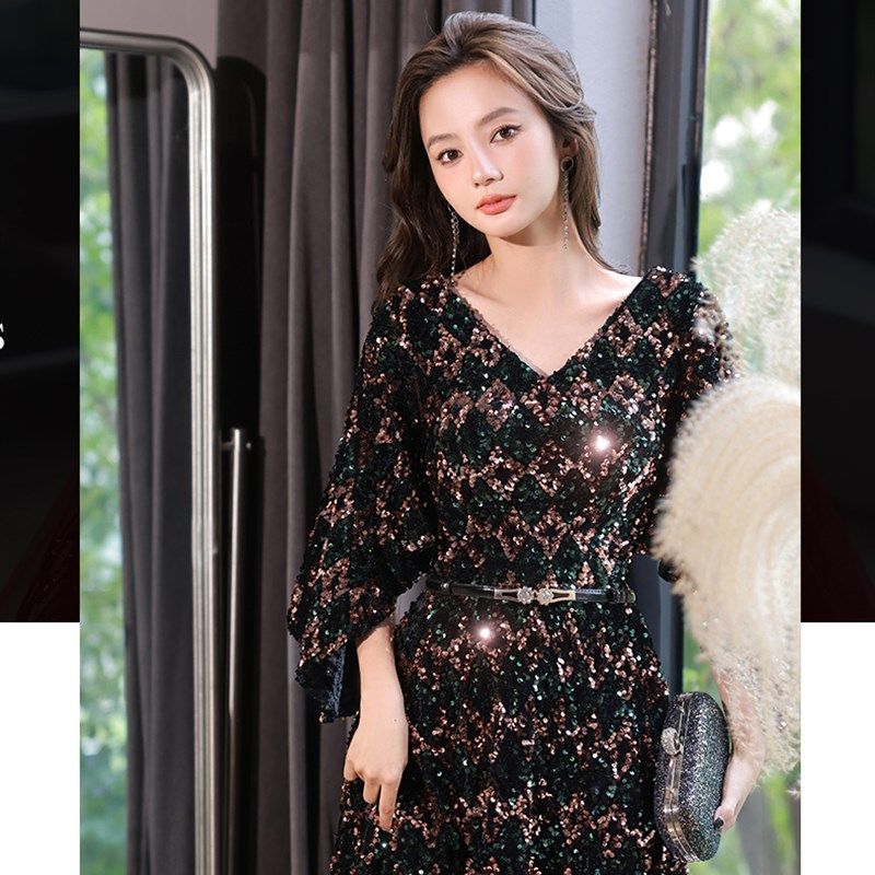 大码轻奢高端晚礼服女胖mm200斤宴会年会演出主持人2025新款亮片