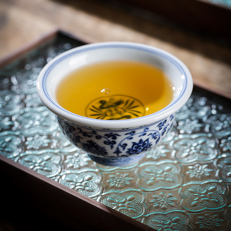 好货实木桃木盘钢化海棠花纹复古玻璃茶盘茶托功夫茶具茶道配件干