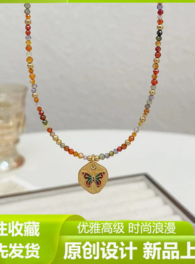 新款简约彩色锆石串珠滴油蝴蝶项链女百搭气质闪亮彩虹锁骨链