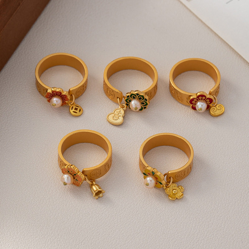 新中式花朵葫芦祥云铜钱坠戒指