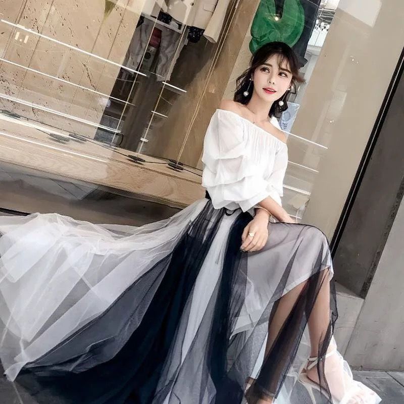 网红网纱半身裙女高腰中长款字裙