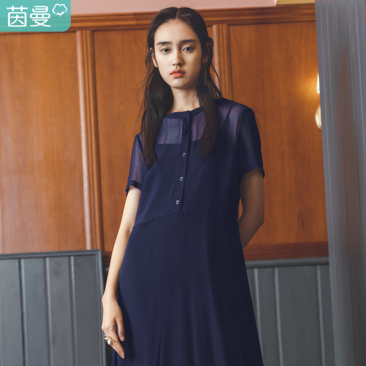 茵曼夏装新款吊带内搭圆领长款纱裙显瘦真丝两件套连衣裙女