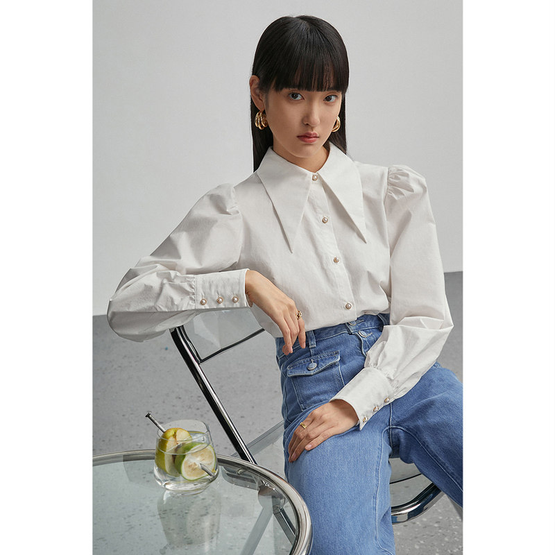 茵曼旗舰店长袖衬衫2021秋季新款复古纯棉大翻领泡泡袖衬衣小女