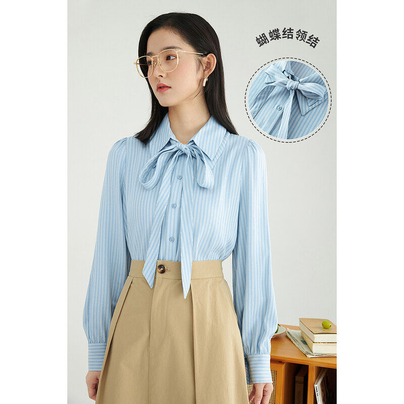 茵曼竖纹衬衫2022春季新款双层翻领蝴蝶结气质休闲通勤百搭衬衣女