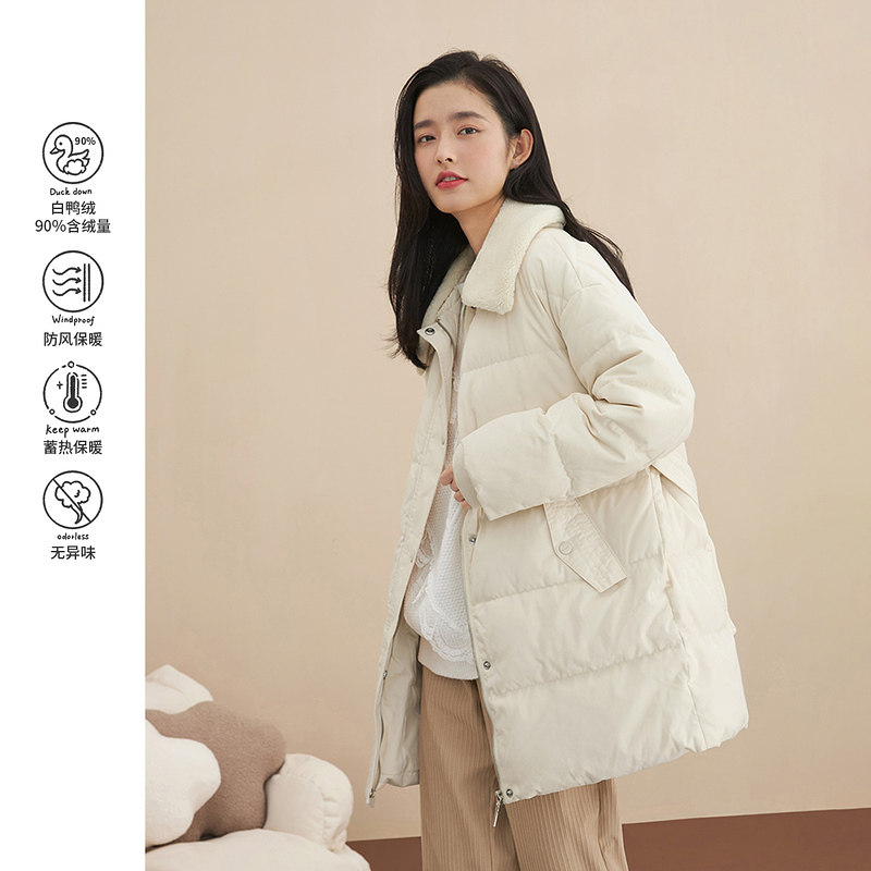 茵曼2021年冬季新款拼接羊羔绒腰带收腰甜美百搭羽绒服女