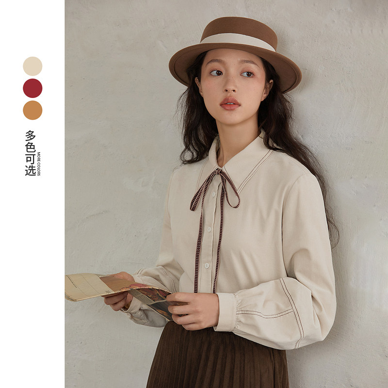 茵曼2021秋装新款女小波点蝴蝶结系带尖领灯笼袖宽松长袖衬衣