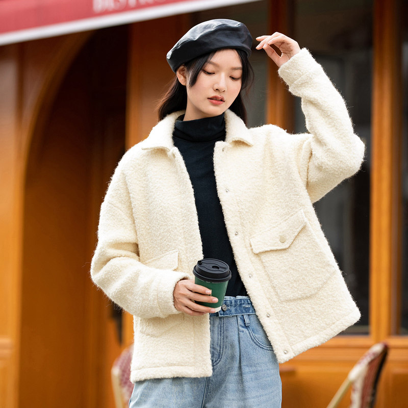 【商场同款】茵曼2020冬装新款温暖羊羔毛百搭文艺短款毛呢外套女