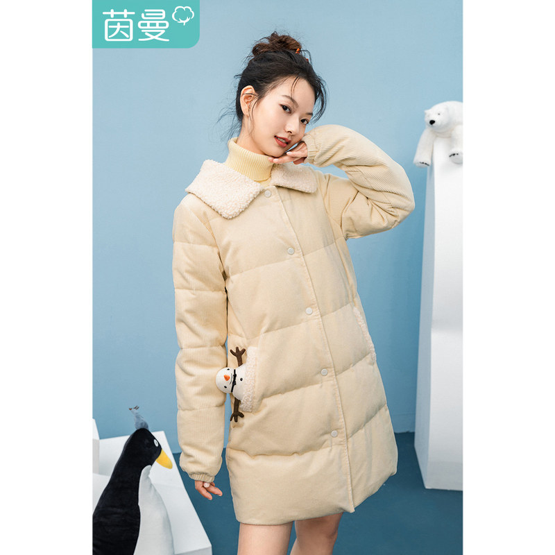 茵曼灯芯绒羽绒服女新款毛绒领中长款白鸭绒宽松外套女