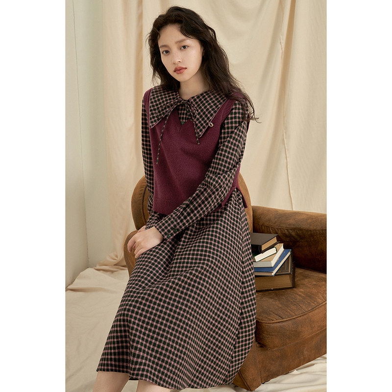 茵曼马甲连衣裙两件套2021冬新款娃娃领长袖背心裙套装