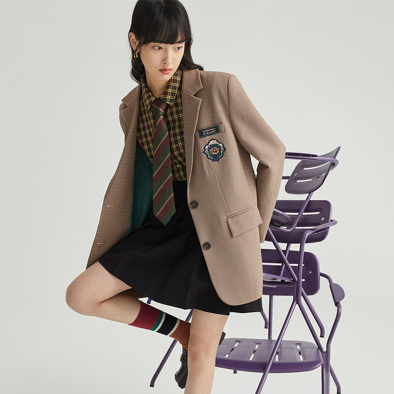 【商场同款】茵曼2021年秋季新款女格纹宽松休闲绣花挺括小西装