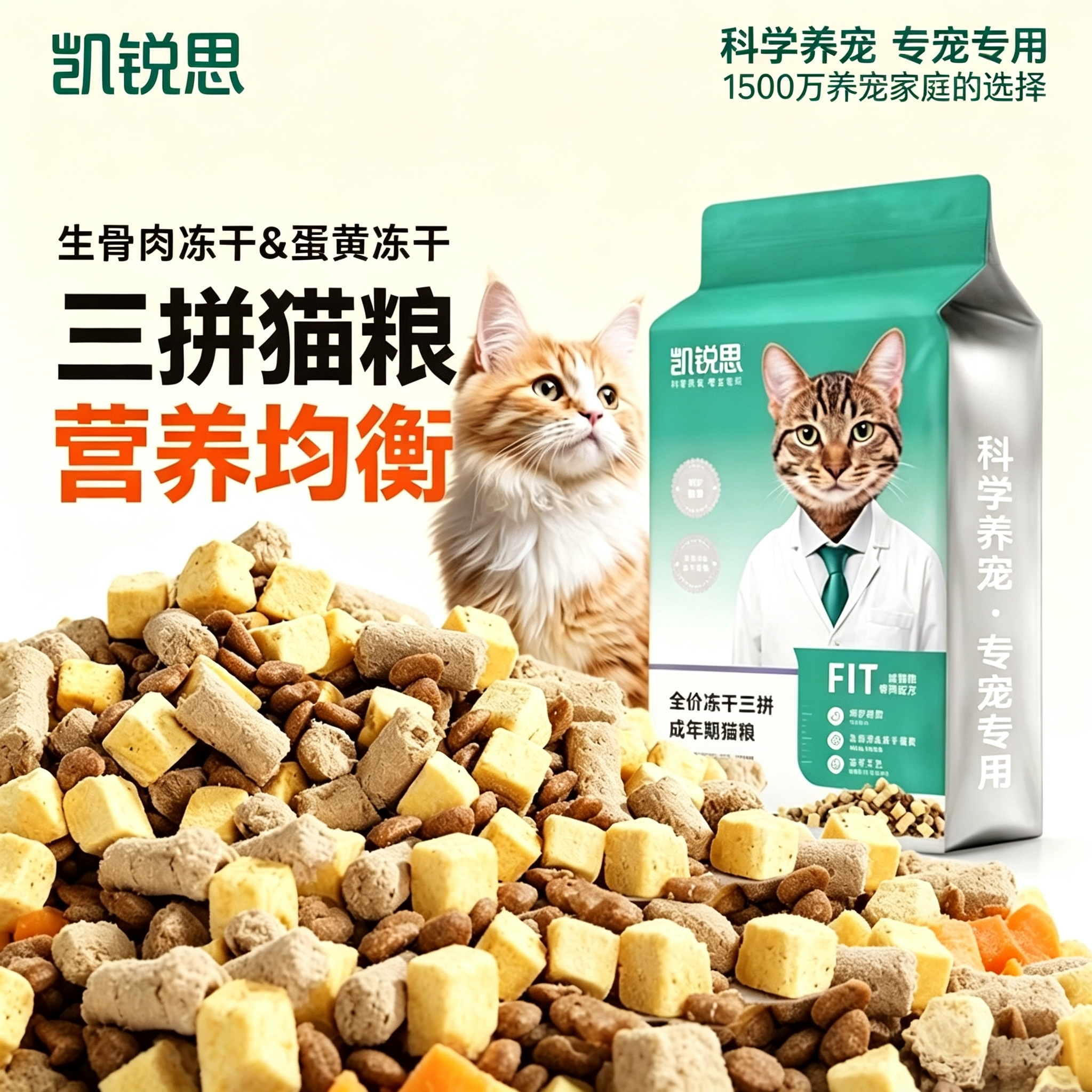 凯锐思三拼冻干成猫粮营养均衡肠胃健康改善挑嘴全价天然粮3斤