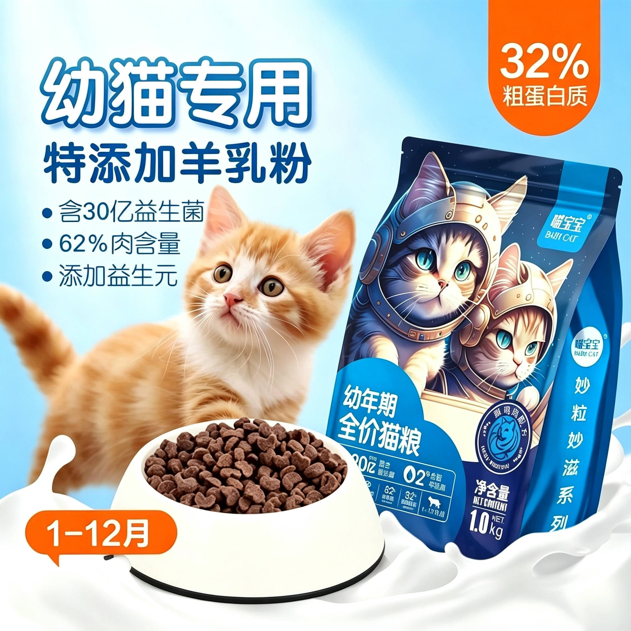 狗宝宝幼猫专用全价猫粮1到3月奶糕粮4到12月新生宠物猫咪营养粮