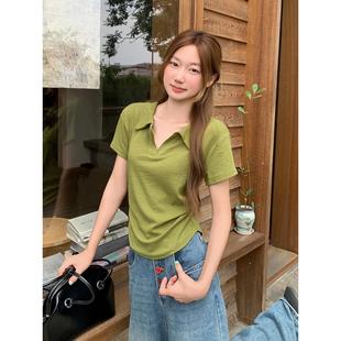 短袖 爆款 v领polo衫 t恤女2025新款 上衣 翻领正肩修身 显瘦小个子短款