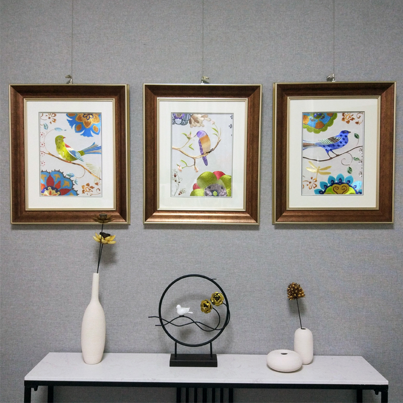 速发现代美式花鸟装饰画餐厅卧室手工刺绣别墅三联幅喜上枝头成品图片