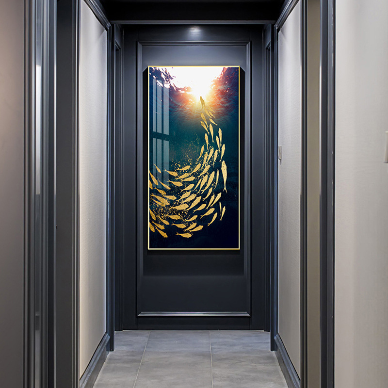 玄关装饰画客厅挂画楼梯过道走廊竖版壁画进门入户现代中式大气鱼图片