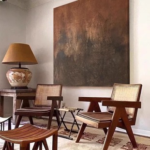 复古中古风手绘肌理油画会客厅餐厅装饰画正方形侘寂风抽象挂画