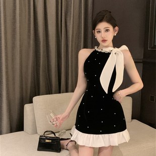 速发千金夏媛性小黑色挂脖连衣裙子名季高级感镶钻生日感礼服