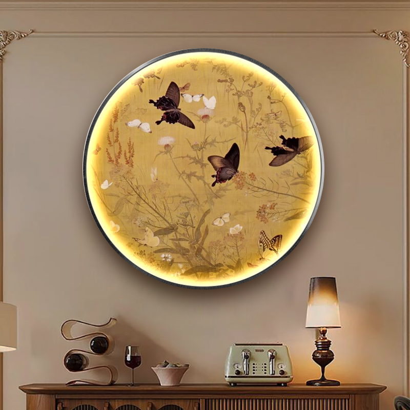 速发风圆画入户玄关灯装走形法式高级感蝴蝶饰廊过道发光壁画