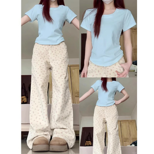 速发ba蓝正肩t恤生半季u领短款上衣内搭半袖夏截袖bm蓝色