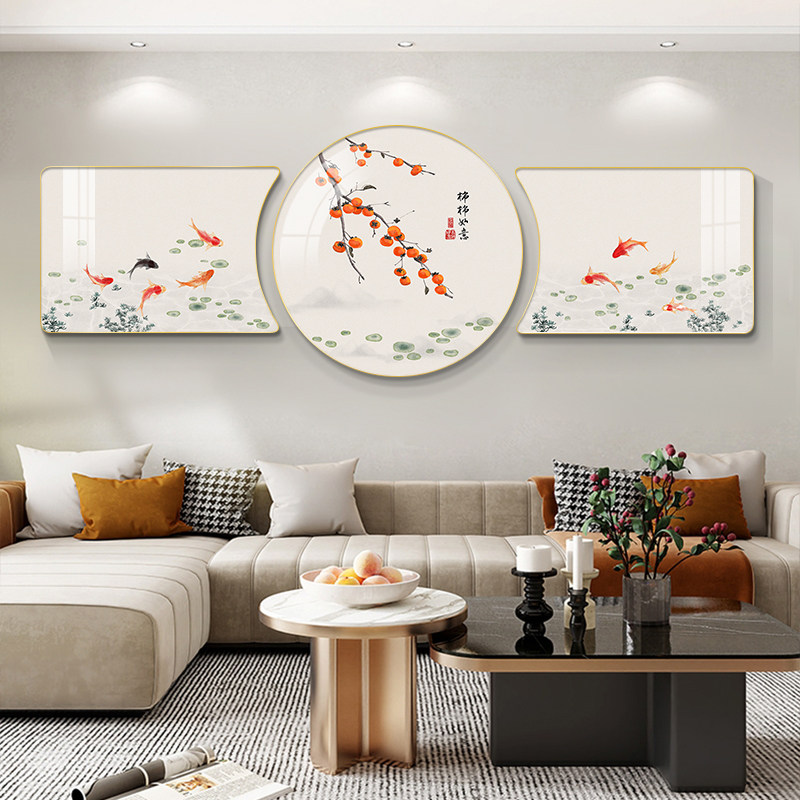 速发壁画客厅挂沙新中式画发装景墙背饰画九鱼聚福寓意好的高档三