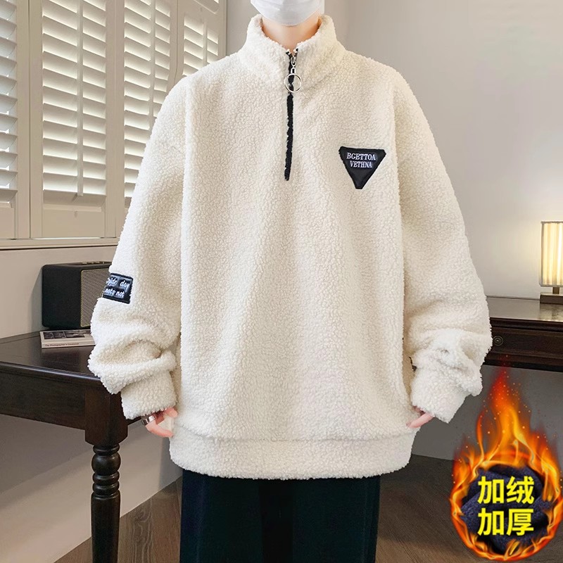 秋冬季青少年羊羔绒外套男孩初高中学生帅气大童加绒加厚保暖卫衣