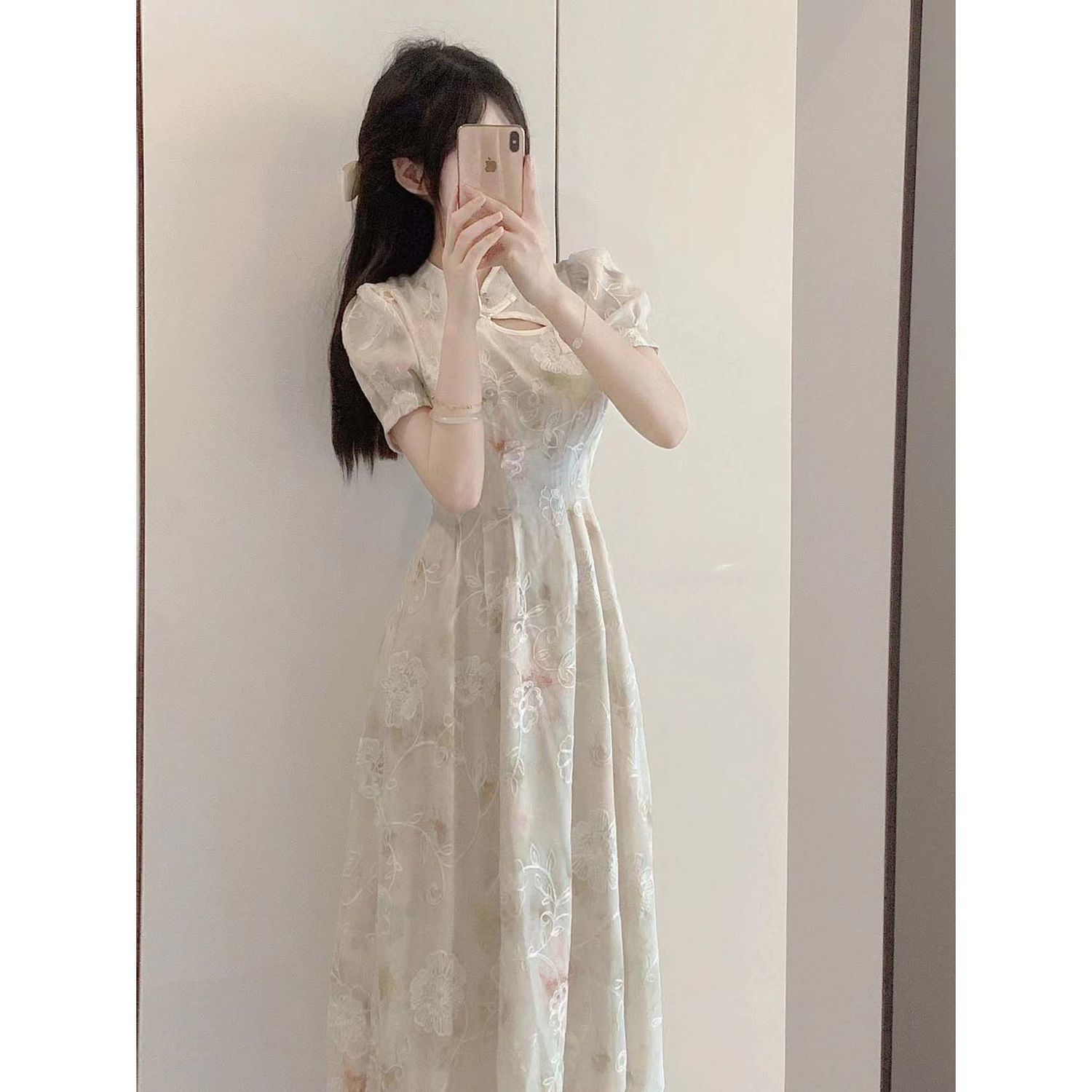 2025年新中式碎花改良旗袍连衣裙女夏年轻款少女日常收腰雪纺裙子，商品下架区商品下架区，语缦